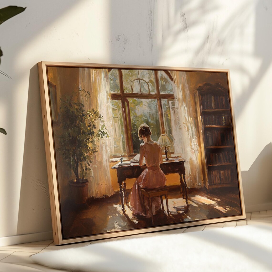 Woman Writing at Desk Before Sunlit Window Romantic Library Poster