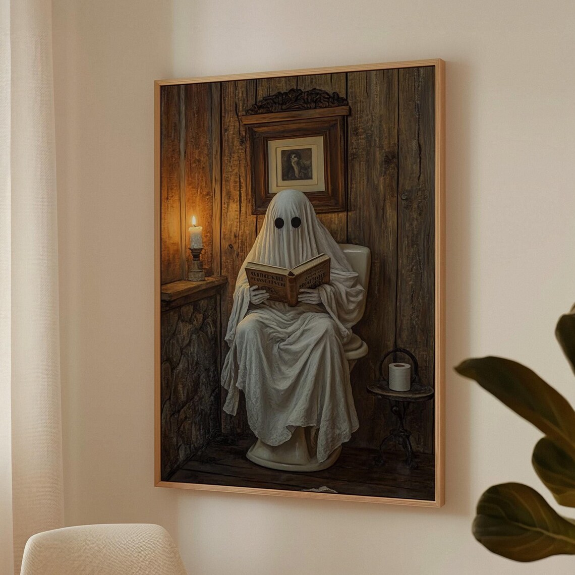 Quirky Ghost Reading On Toilet Rustic Bathroom Humorous Spooky Wall Art