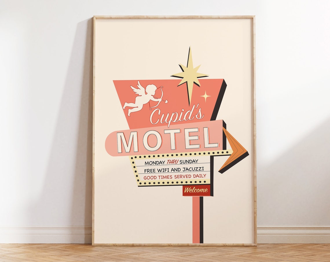 Cupid's Motel Retro Neon Sign Cupid Valentine Fun Travel Poster