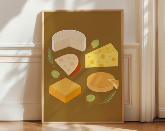 Cheese Print Types Of Cheese Food Lover Gift Retro Food Print Charcuterie Print Retro Cheese Print 70s Wall Art Retro Kitchen Art