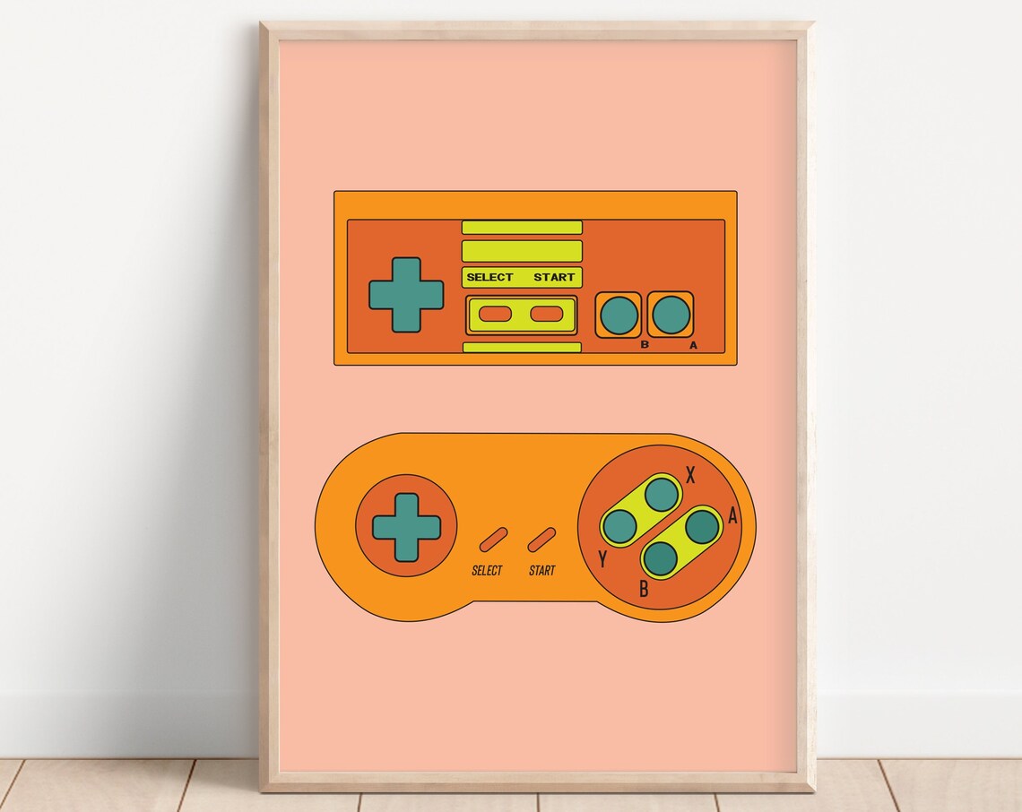 Retro Video Game Controllers Art Print, 90s Decor