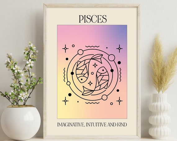 Pisces Zodiac Print 70s Art Print Pisces Art Print 70s Poster Ombre Aura Art Print Retro Zodiac Art Pastel Gradient Print