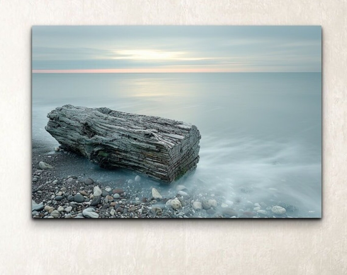 Weathered Driftwood Log On Rocky Shore Misty Ocean Sunrise Wall Art