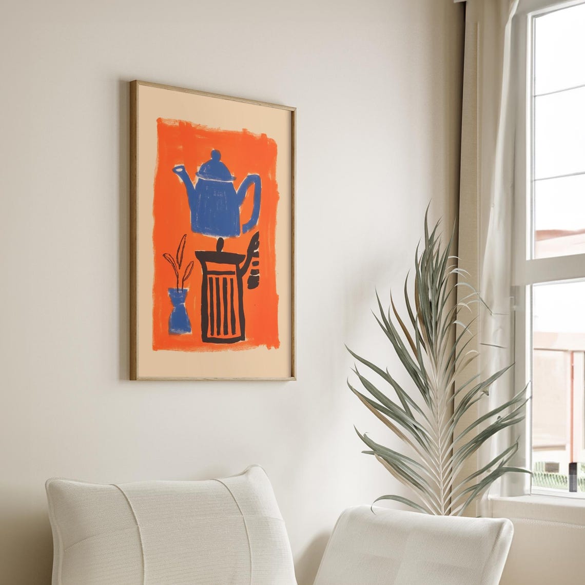 Abstract Blue Teapot Vivid Orange Kitchen Still Life Charming Poster - Image 2