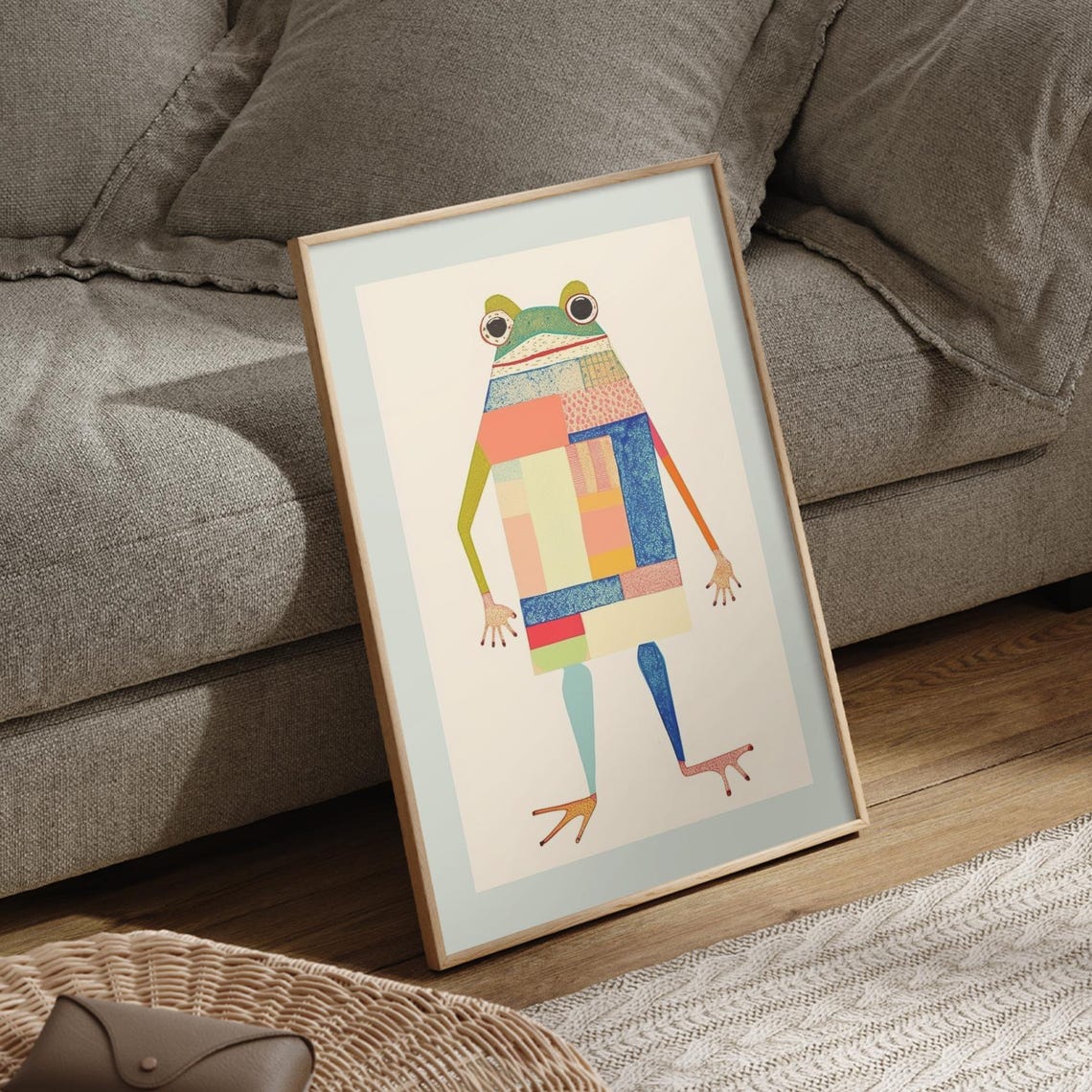 Colorful Patchwork Frog Funny Whimsical Animal Nursery Art Poster