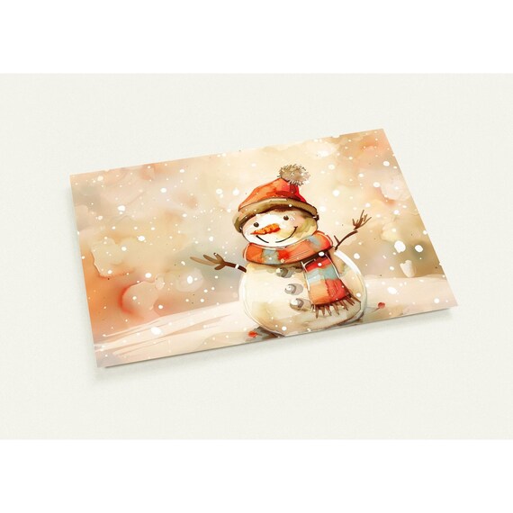 Cute Watercolor Snowman Red Hat Scarf Christmas Postcard Print Winter
