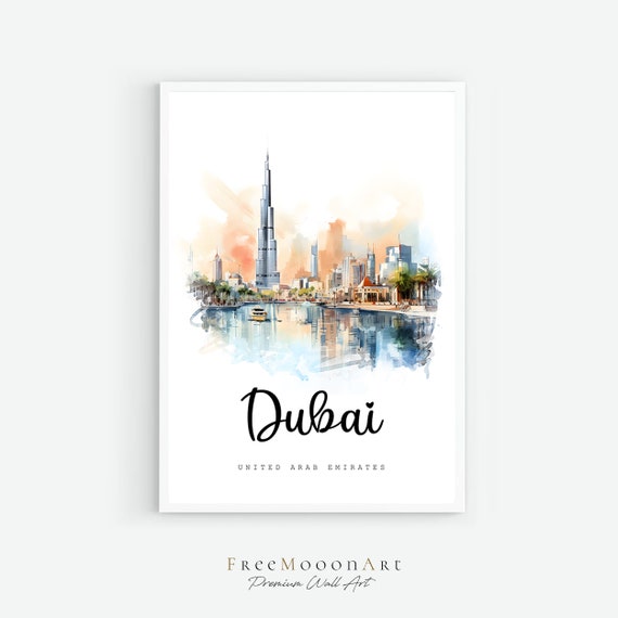 Dubai United Arab Emirates Travel Poster Dubai City Print Wall Art Prints Dubai Watercolor Painting Architecture Print