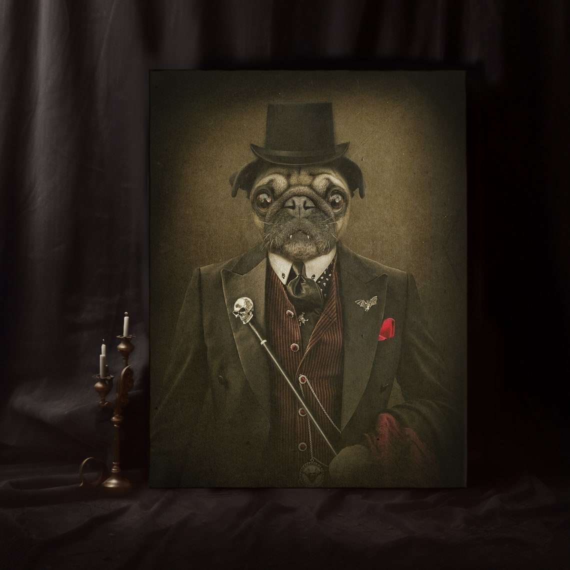Dapper Vampire Pug in Top Hat Funny Halloween Pet Portrait Poster