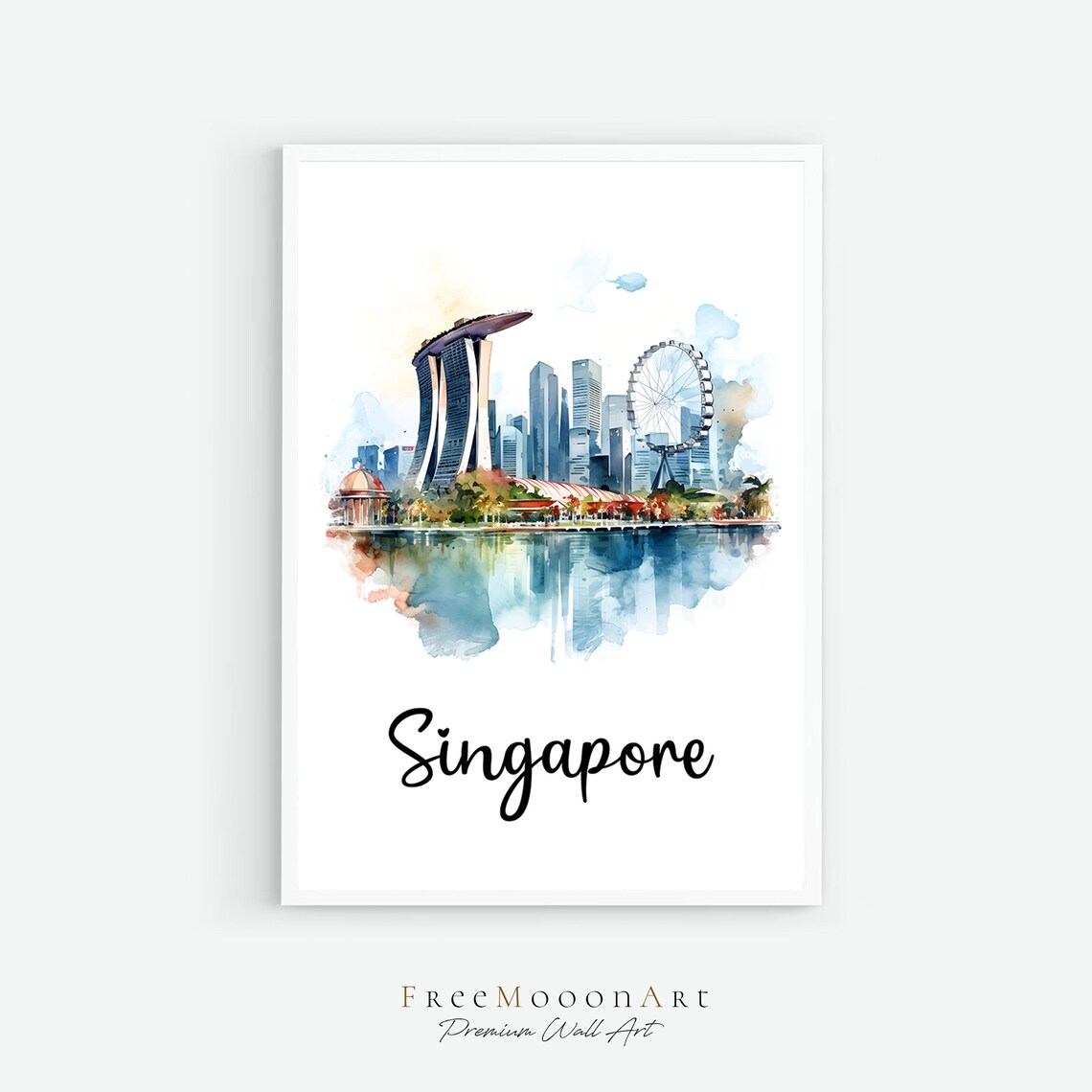 Singapore Skyline Watercolor City Travel Poster Marina Bay Art