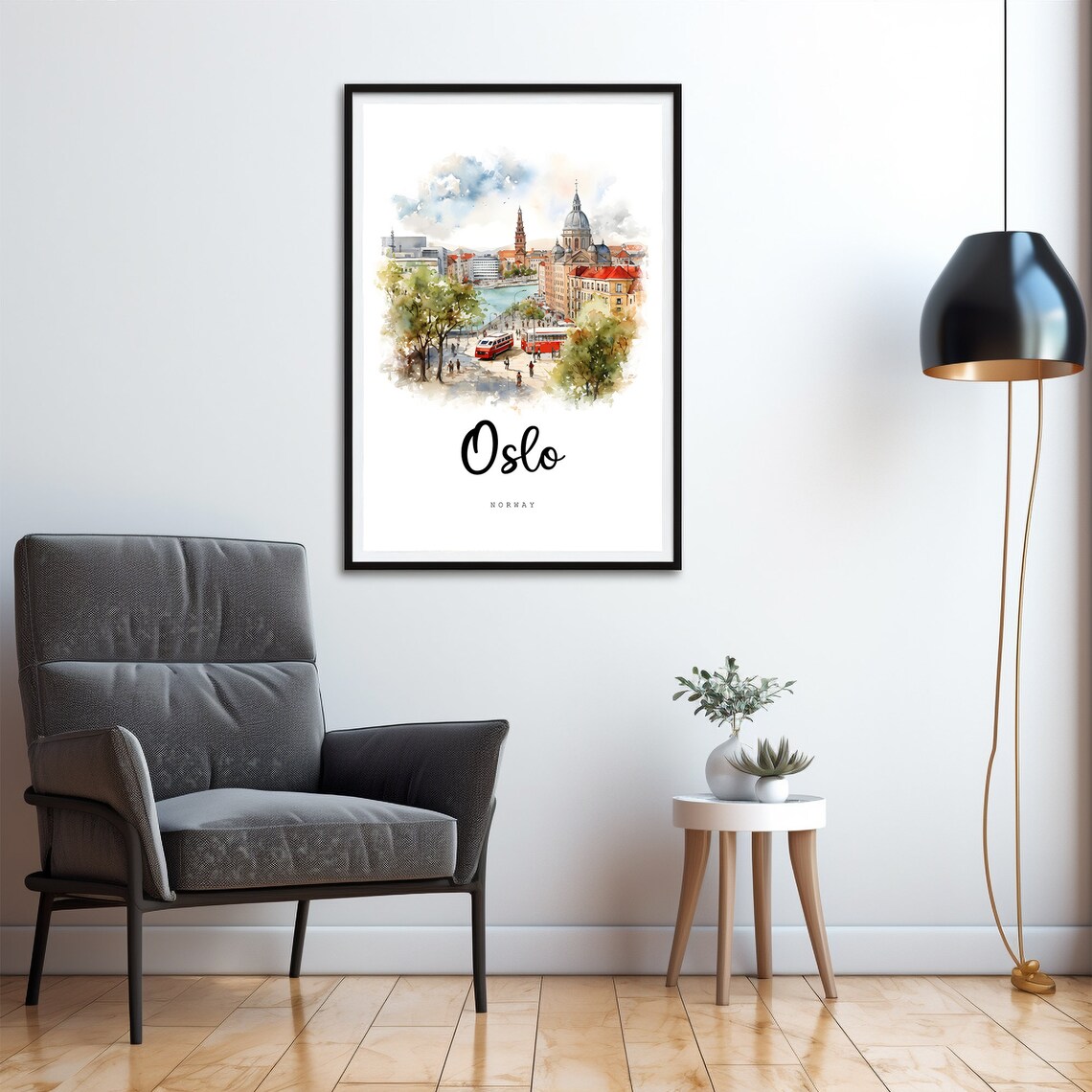 Oslo Norway Harbor Watercolor Travel Poster Red Tram City Scene - Image 4