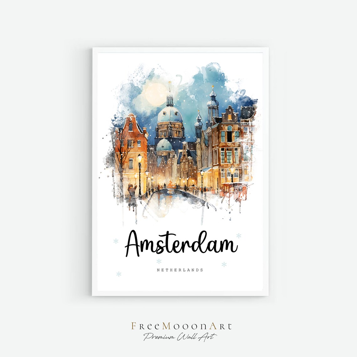 Amsterdam Netherlands Winter Watercolor Canal City Travel Poster