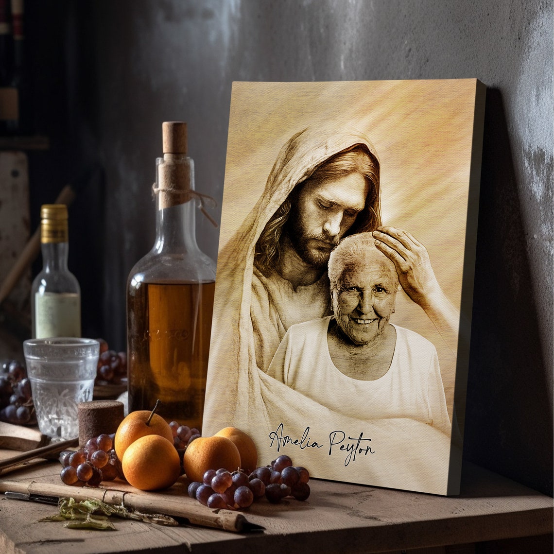 Jesus Blessing Elderly Woman Sepia Custom Photo Portrait Poster - Image 6