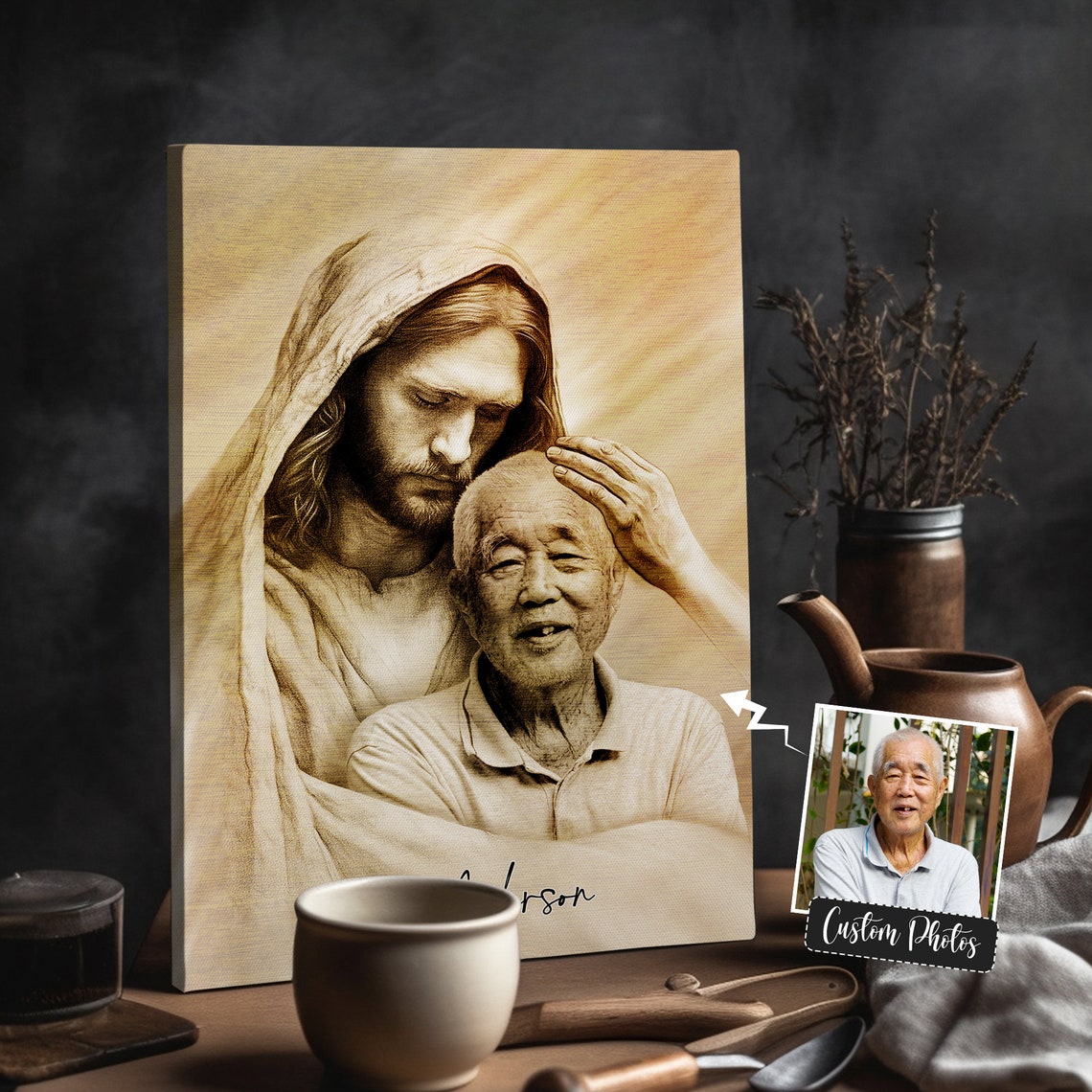Jesus Blessing Elderly Woman Sepia Custom Photo Portrait Poster - Image 4