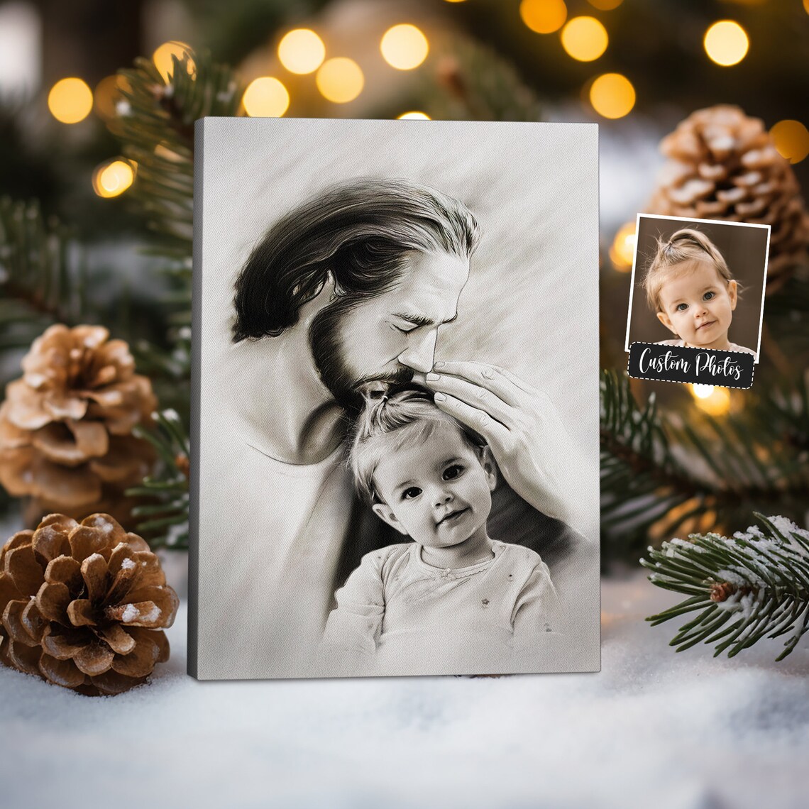 Jesus Kissing Little Girl Pencil Sketch Custom Photo Portrait Poster