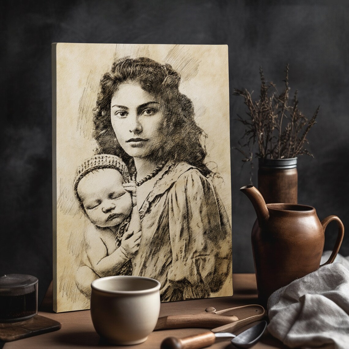 Custom Loved One Memorial Photo Merge Pencil Portrait Wall Art - Image 2