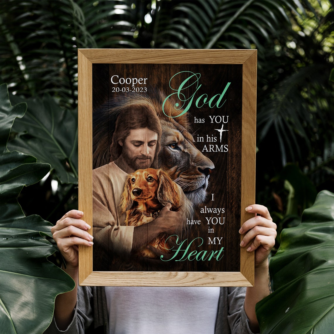 God Has You In His Arms Jesus Lion And Puppy Memorial Poster - Image 5