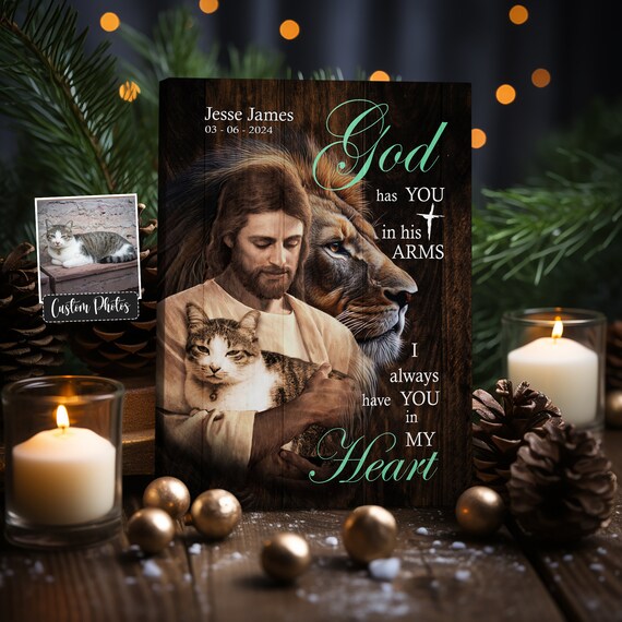 Jesus Holding Tabby Cat Memorial Portrait With Lion Of Judah Poster