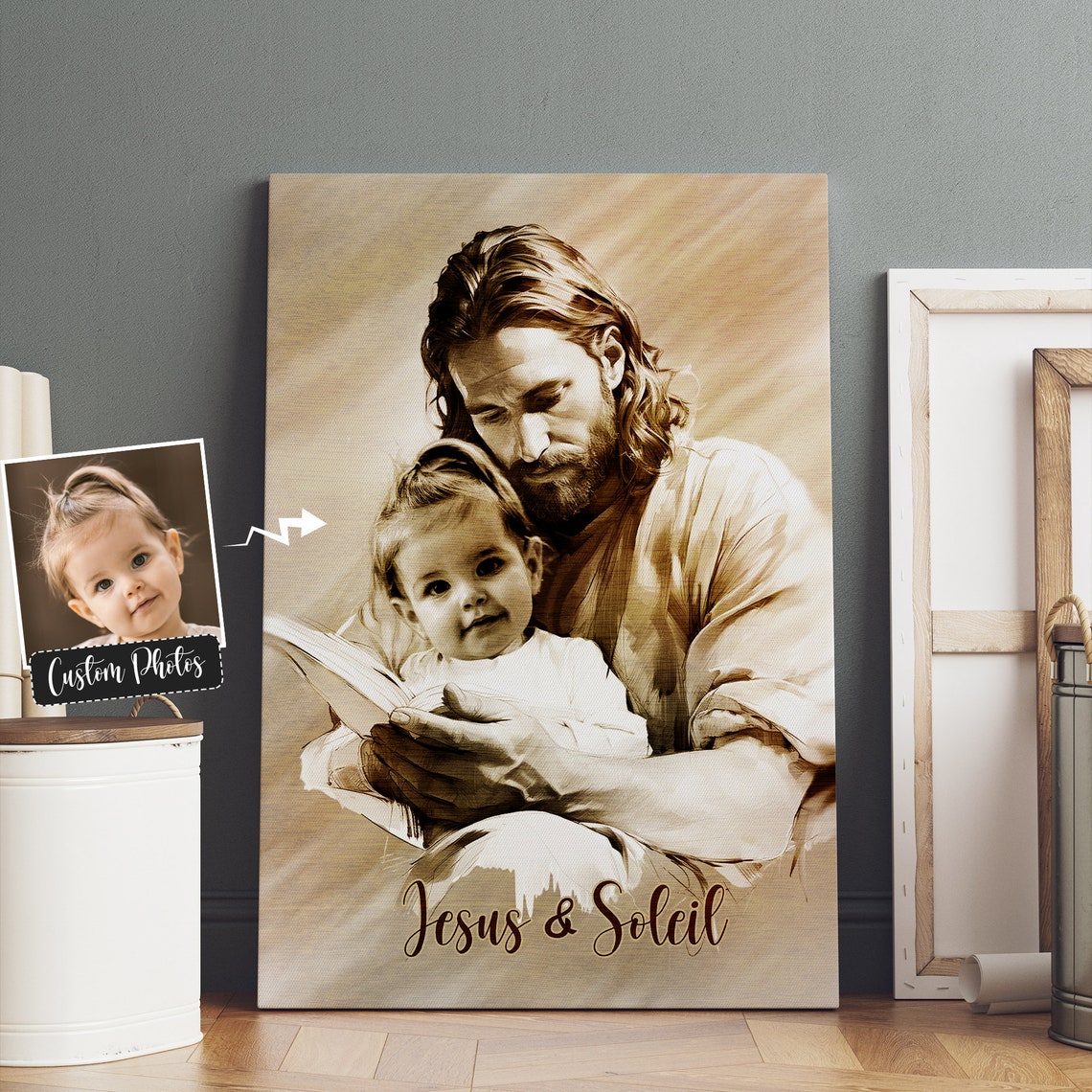 Jesus Reading to Baby Ezra Sepia Framed Personalized Memorial Wall Art - Image 5