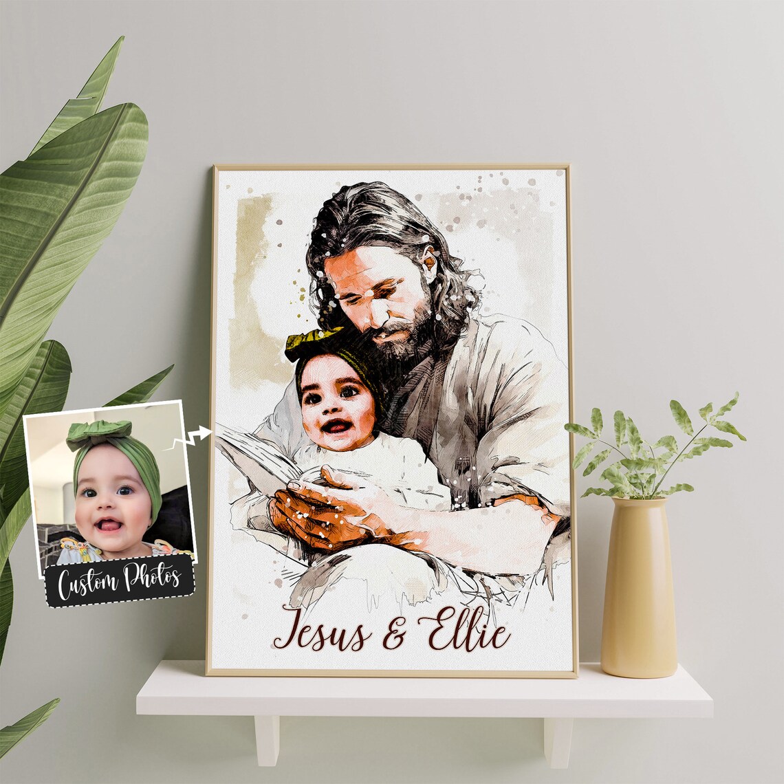 Jesus Holding Little Girl Watercolor Custom Photo Portrait Poster - Image 4