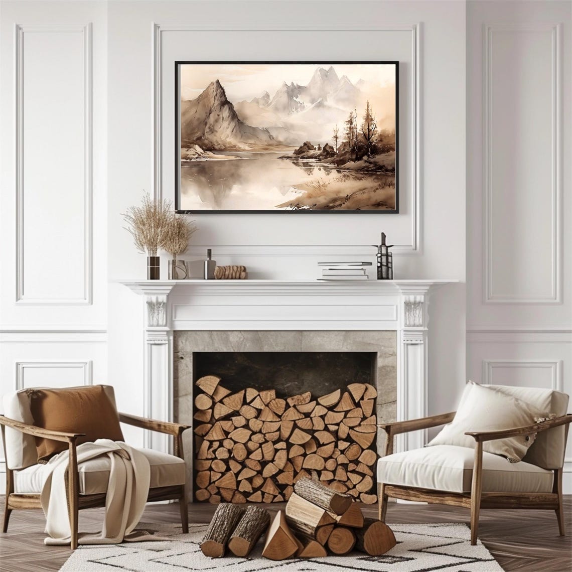 Minimalist Sepia Mountain Lake and Jagged Peaks Watercolor Poster - Image 2