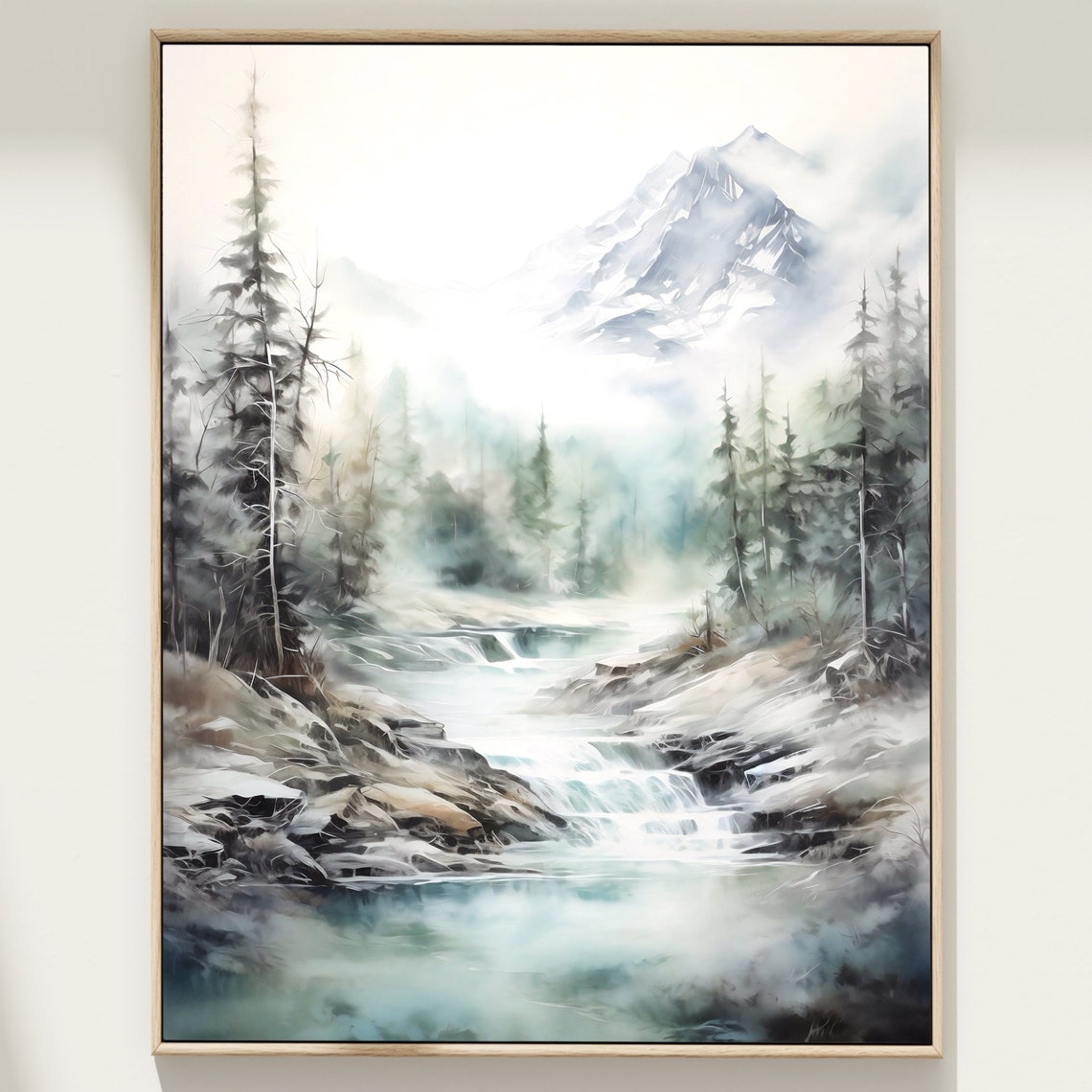 Misty Cascading River Watercolor with Pines Rocks and Peak Poster
