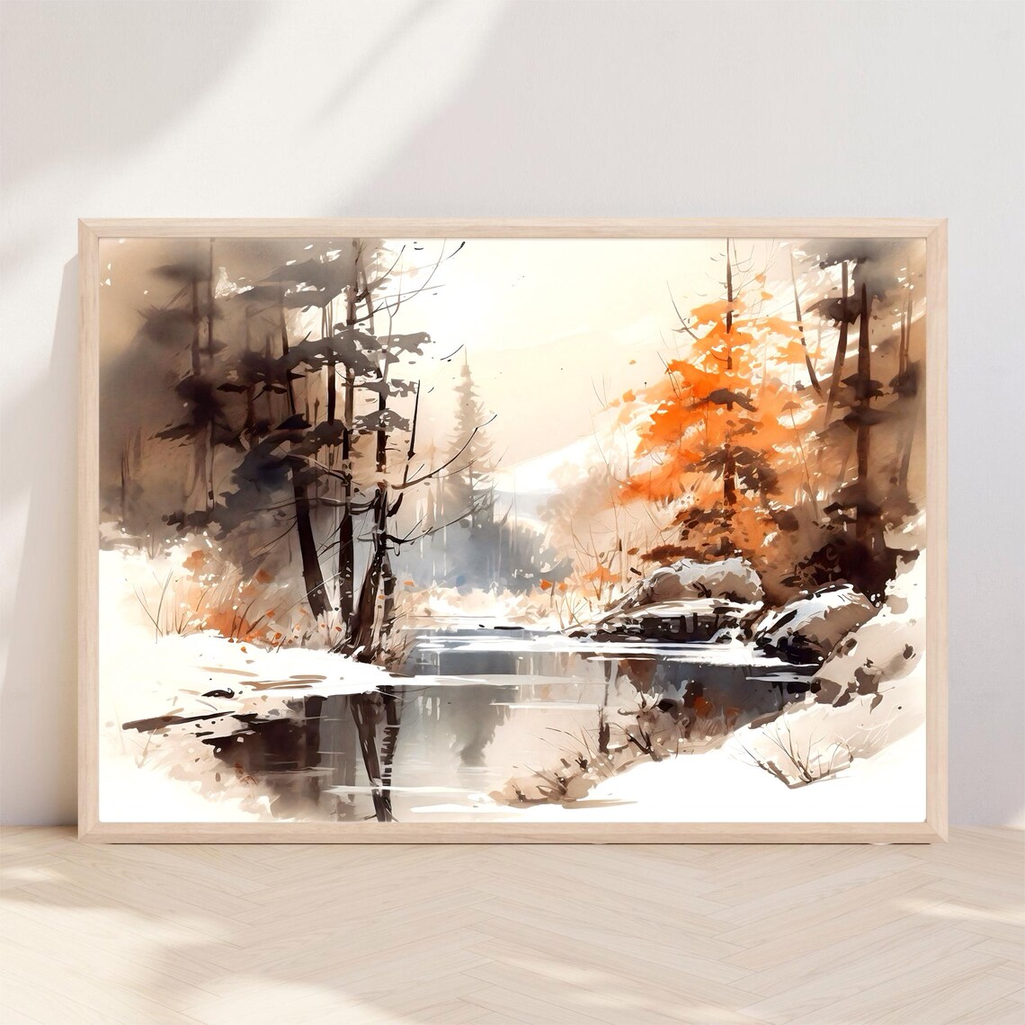 Winter Forest Lake Mountain Watercolor Art Print - Image 2