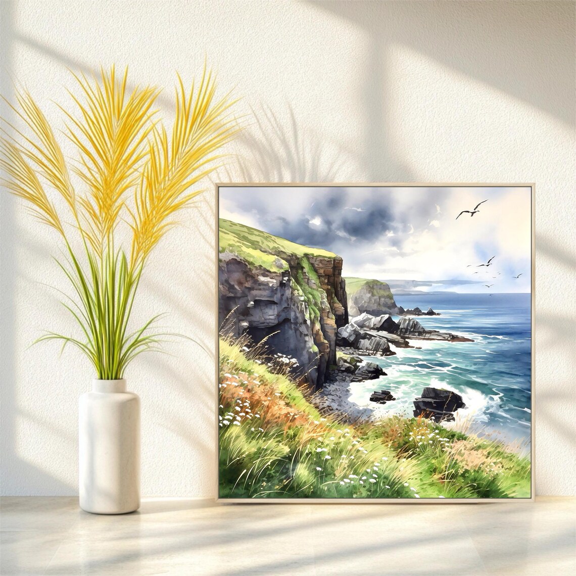Irish Cliffside Ocean Waves Seabirds Watercolor Nature Art Poster - Image 4