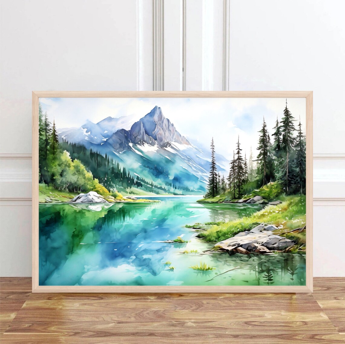 Majestic Mountain Lake Watercolor Art Print - Image 4