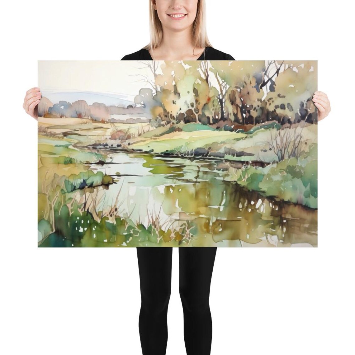 Rural River Winding Through Green Banks Watercolor Landscape Poster - Image 5