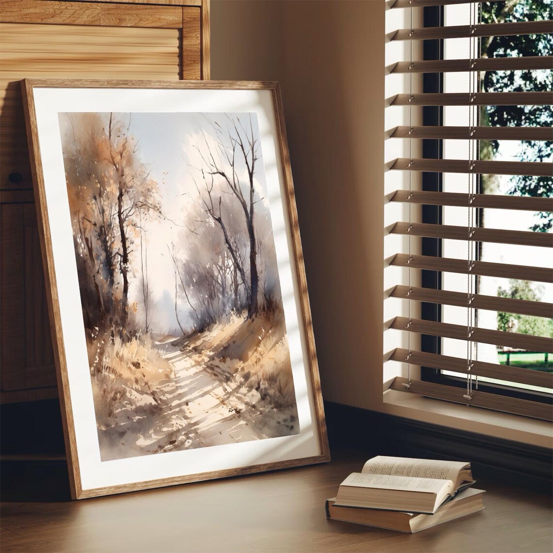 Sunlit Autumn Country Road Through Golden Trees Watercolor Nature Poster - Image 4