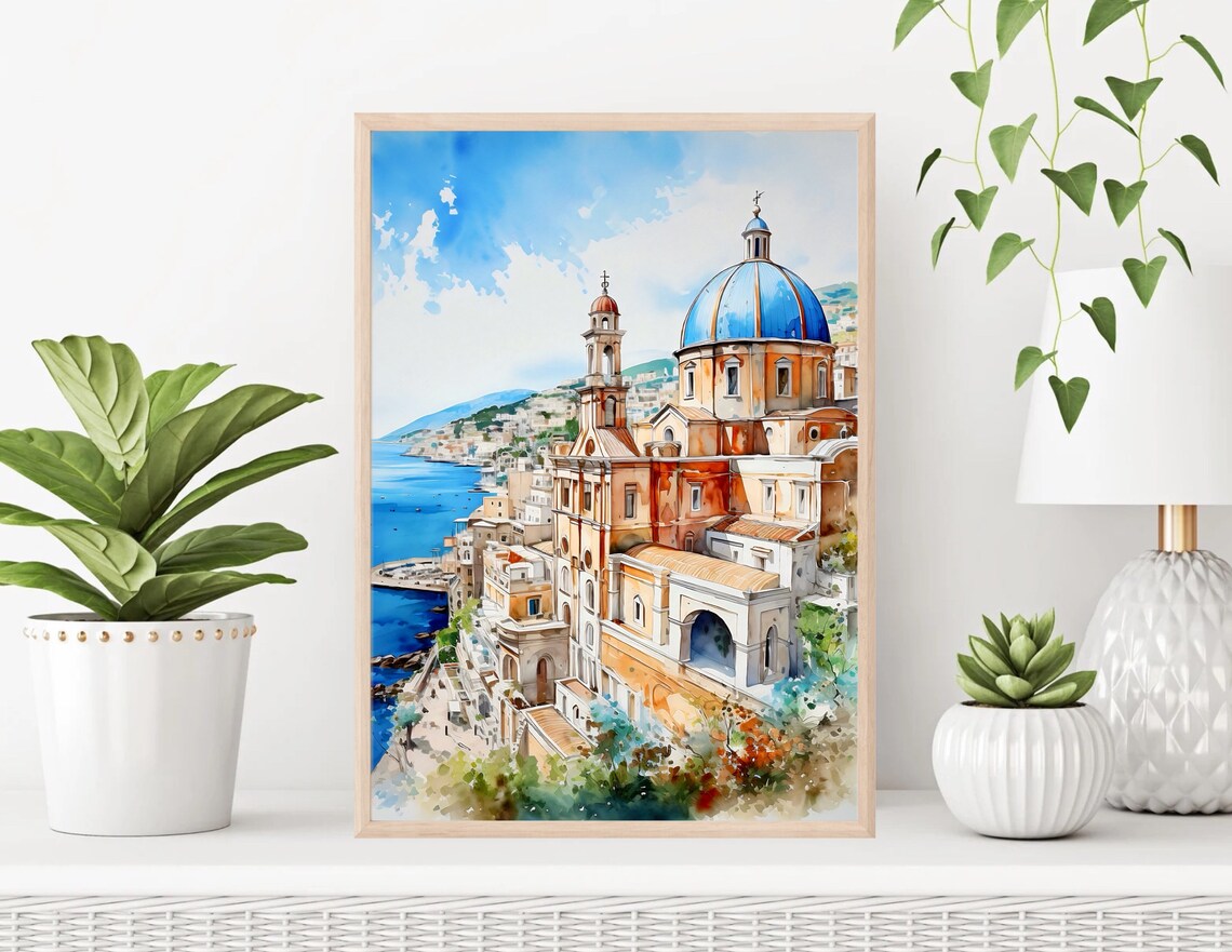 Positano Amalfi Coast Blue Dome Church Italy Town Watercolor Poster - Image 3
