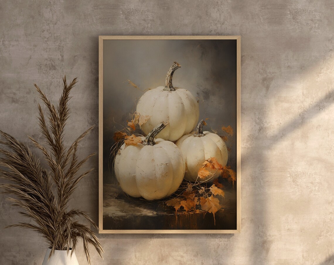 White Pumpkins With Autumn Leaves Moody Fall Still Life Poster
