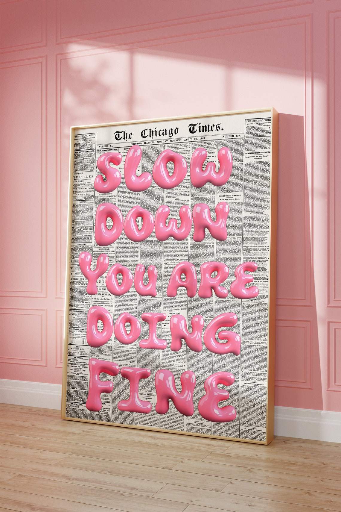 Slow Down You Are Doing Fine Pink Balloon Newspaper Art Poster - Image 3