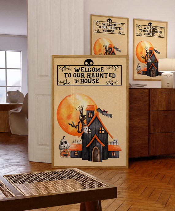 Welcome To Our Haunted House Moon Bat Cartoon Cute Halloween Poster