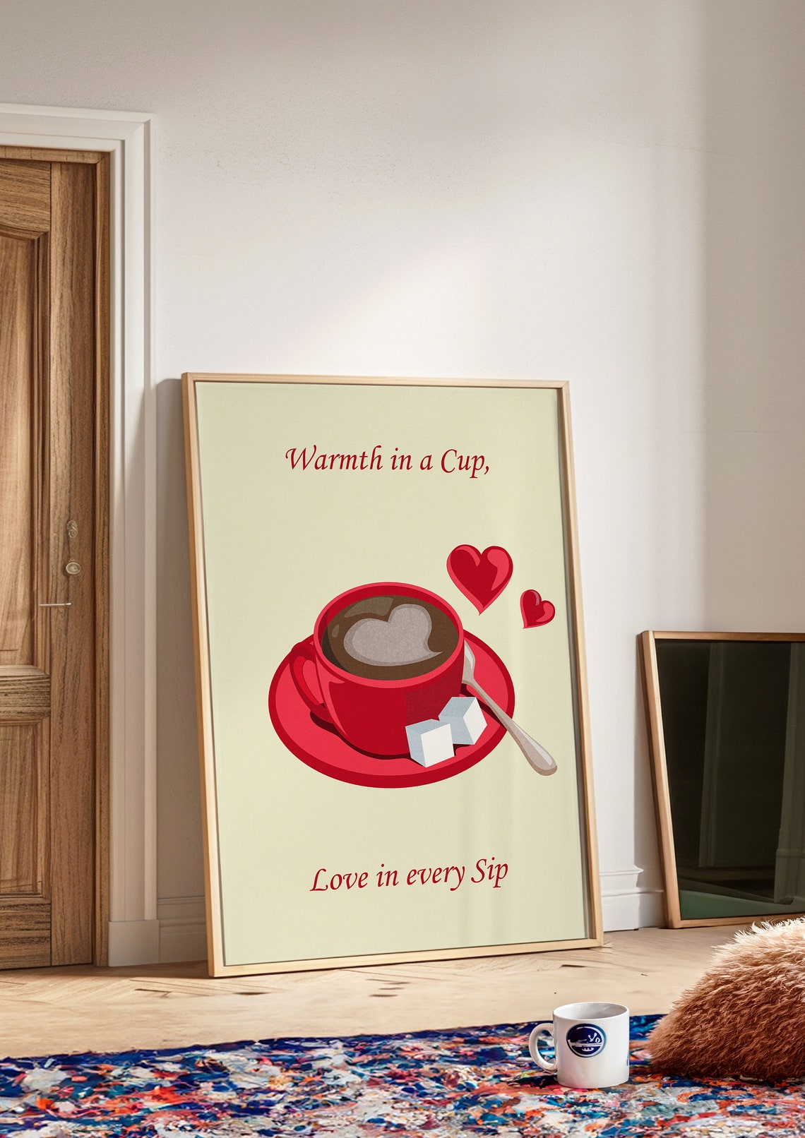 Warmth in a Cup Love in Every Sip Red Coffee Cup Kitchen Wall Print - Image 2