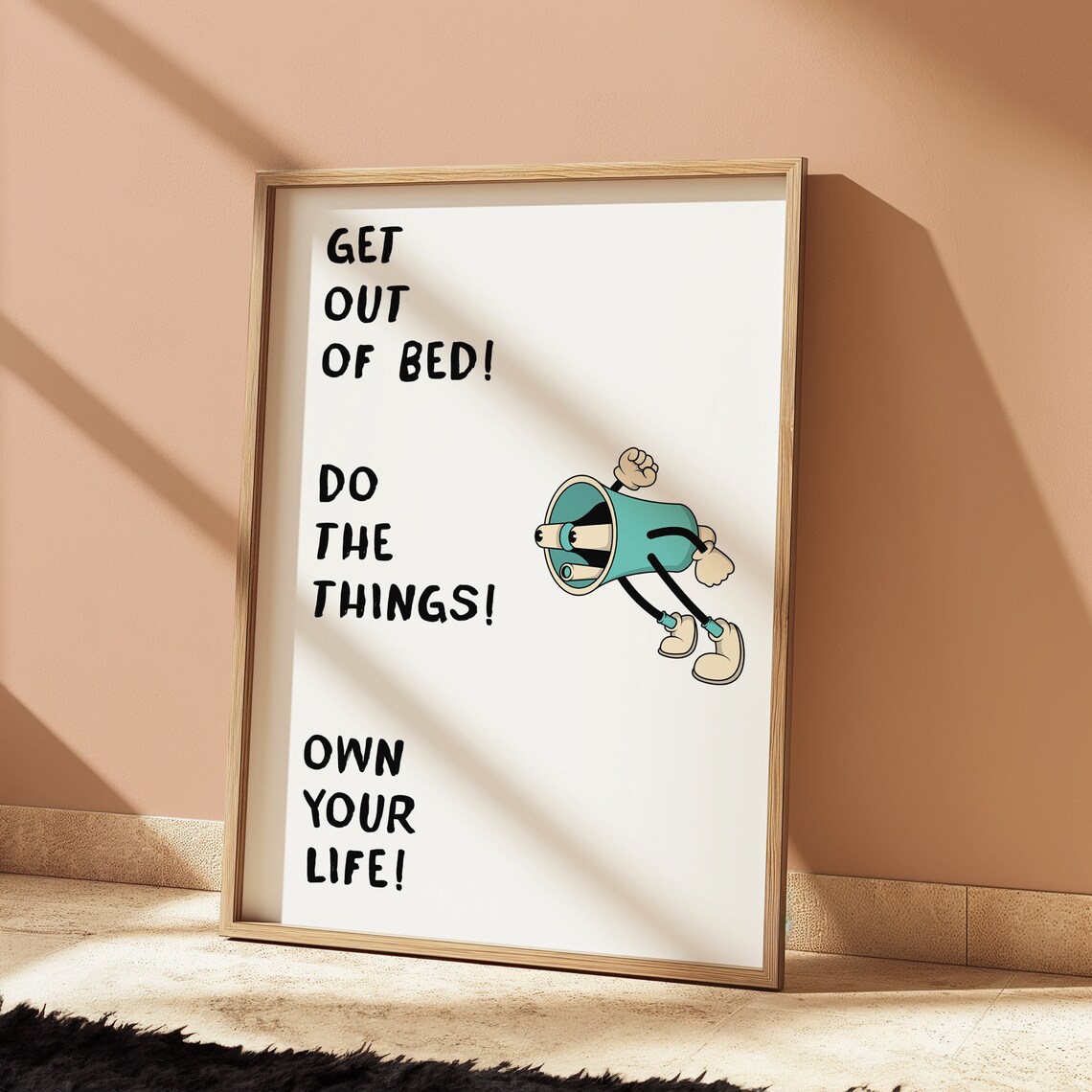 Get Out of Bed Megaphone Cartoon Funny Motivational Quote Poster - Image 2
