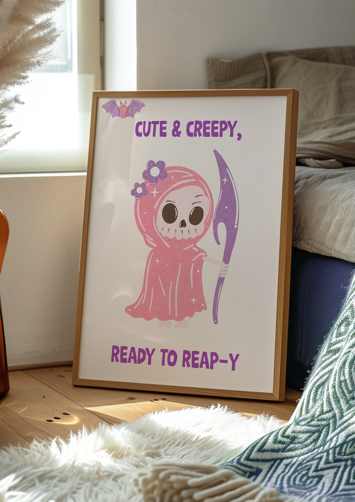 Cute and Creepy Pink Reaper Halloween Kawaii Spooky Wall Art - Image 2