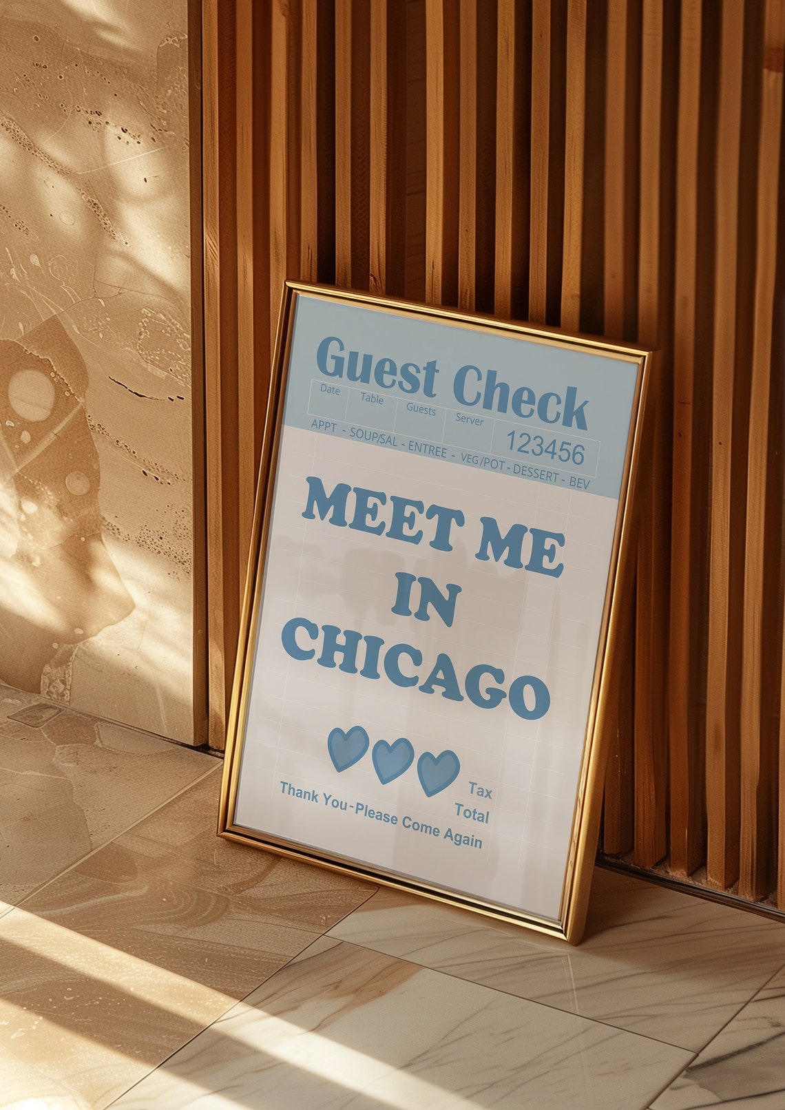 Meet Me In Chicago Light Blue Guest Check Hearts Retro Travel Poster - Image 3