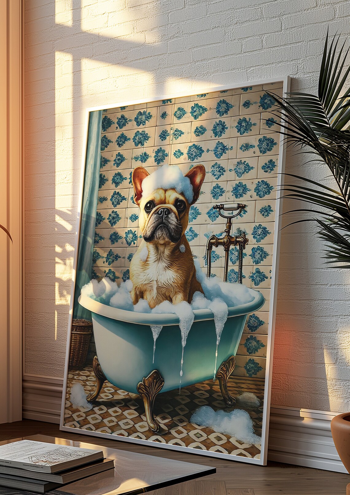 Cute French Bulldog Puppy in a Bubble Bath Funny Bathroom Wall Art - Image 3