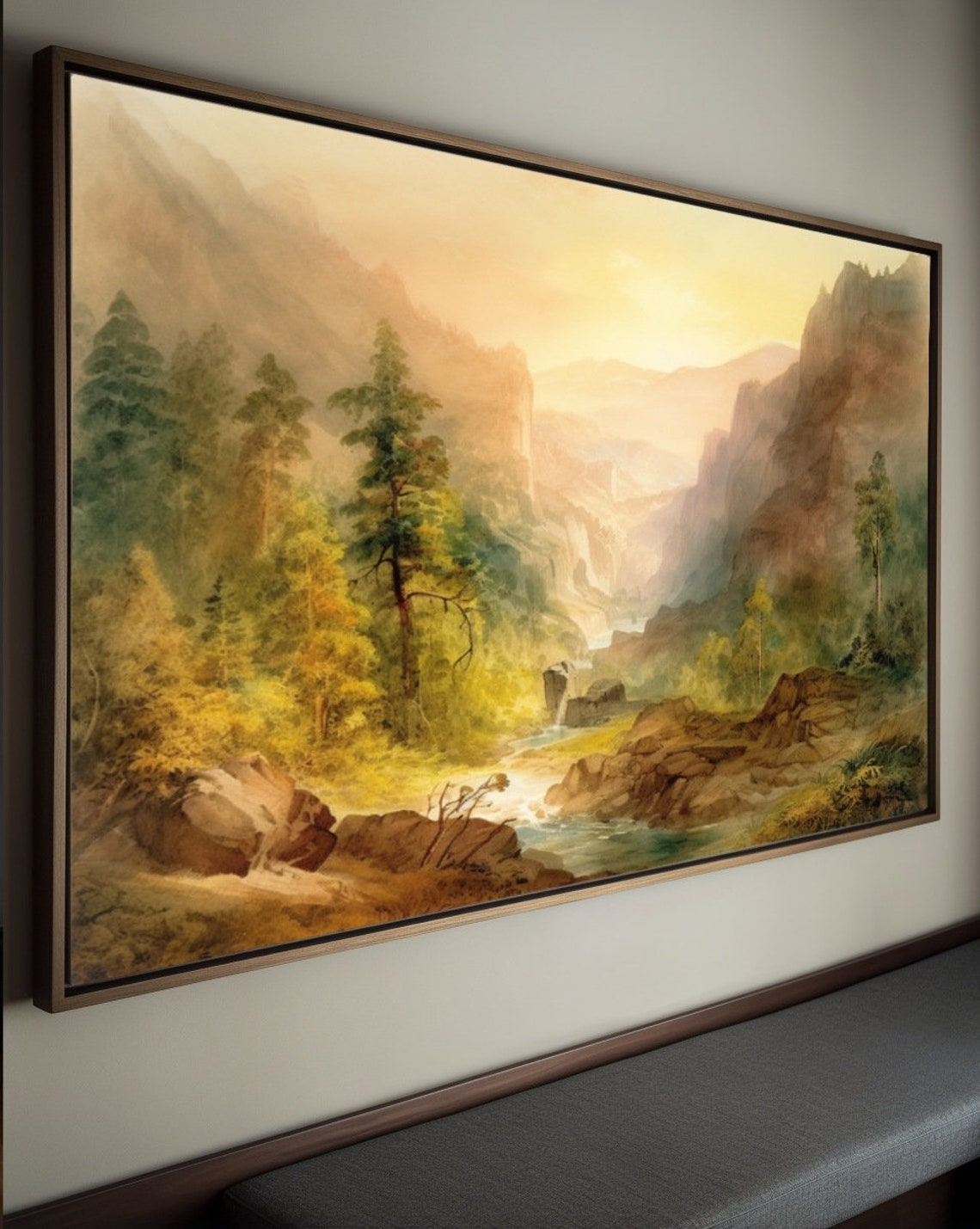 Sunlit Canyon Gorge with Pine Trees and a Stream Watercolor Poster - Image 2