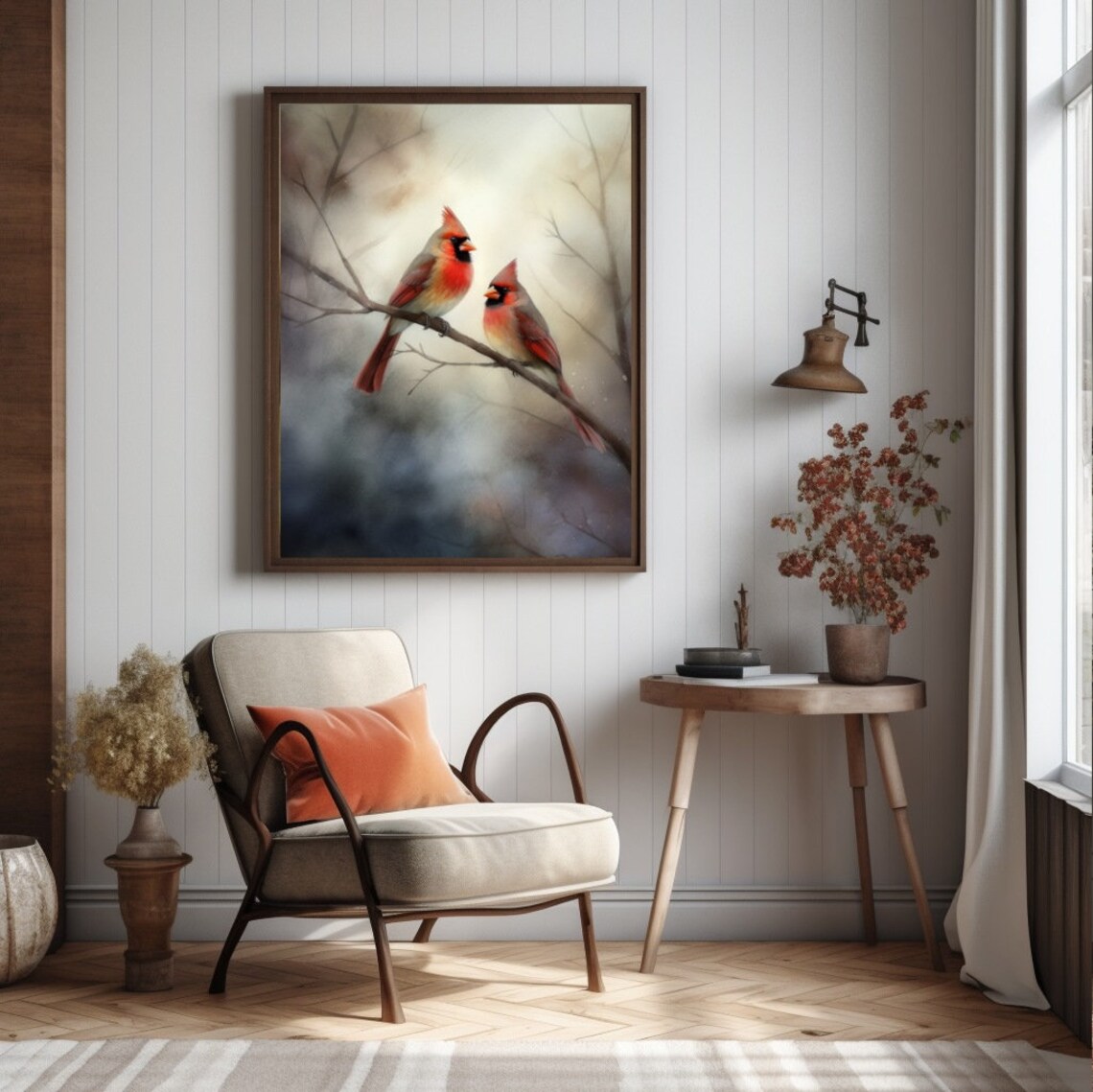 Pair of Red Cardinals on a Misty Branch Watercolor Bird Poster - Image 3