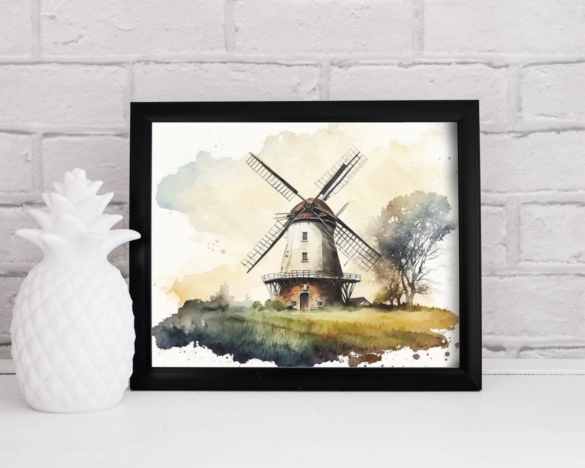 Dutch Windmill in a Green Field Watercolor Countryside Poster - Image 3
