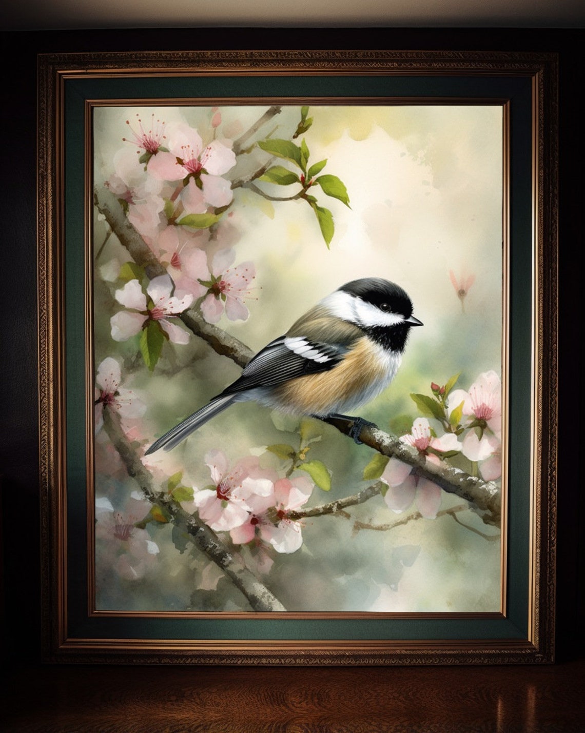 Chickadee Perched on a Pink Cherry Blossom Branch Watercolor Poster - Image 2