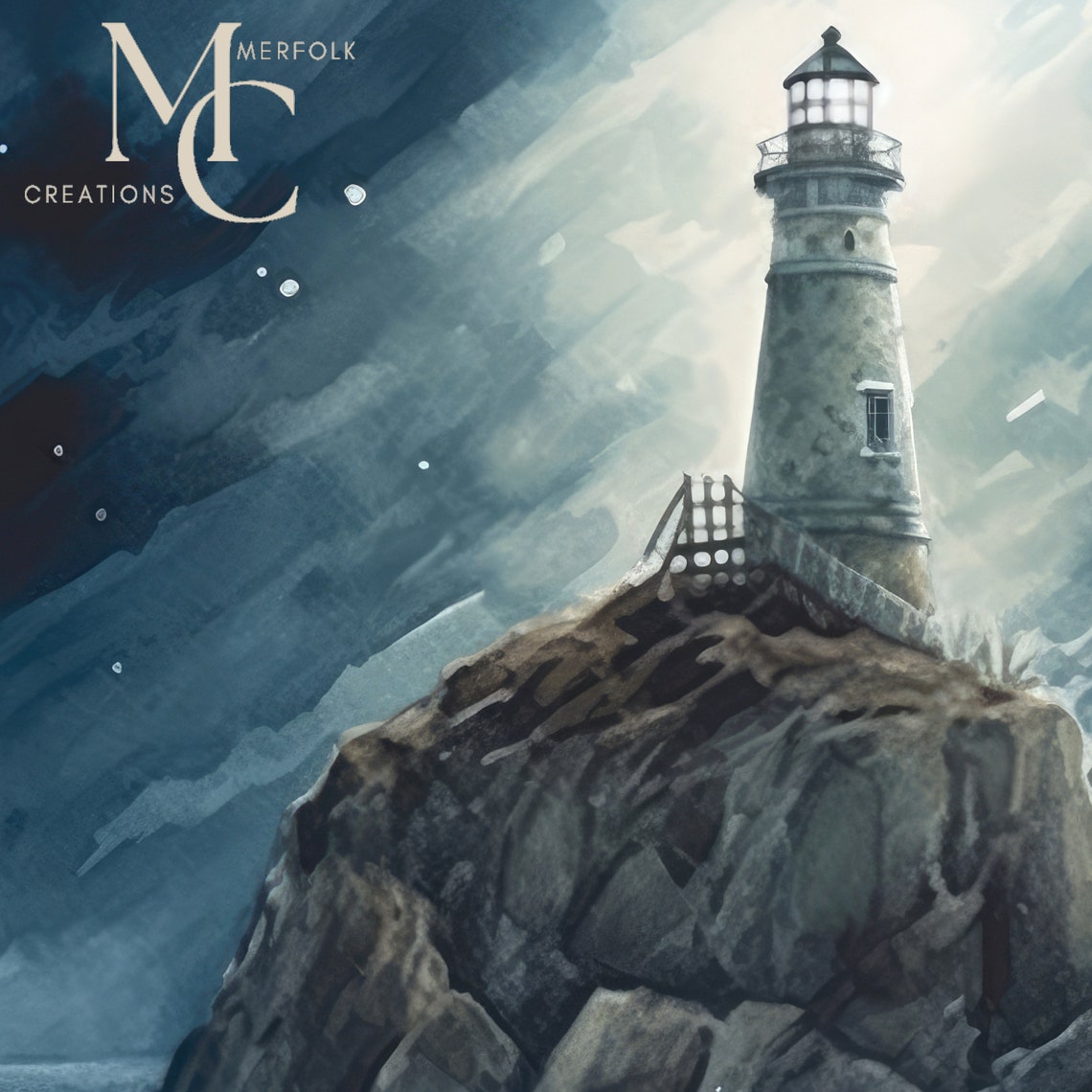 Stone Lighthouse on a Rocky Island in a Stormy Night Sea Poster - Image 3