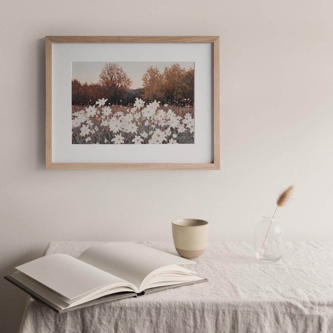 White Daisy Wildflower Field Autumn Trees Vintage Travel Poster - Image 3