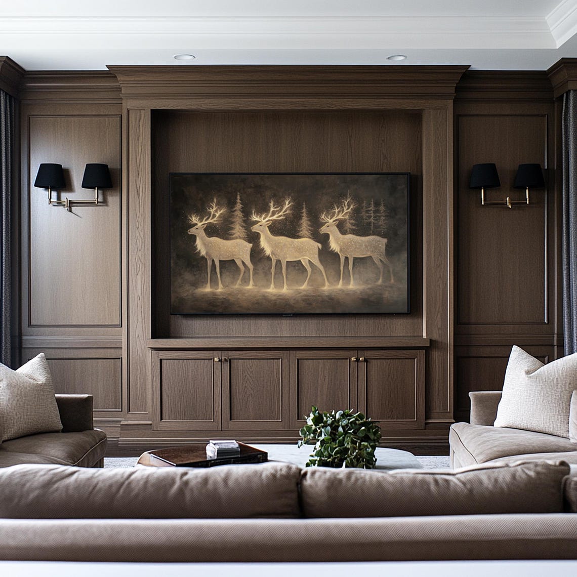 Golden Reindeer Trio Glowing Dark Forest Christmas Holiday Wall Art - Image 2