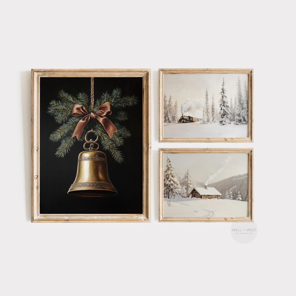 Minimalist Snowy Cabin Log Winter Landscape Neutral Holiday Wall Art - Image 3