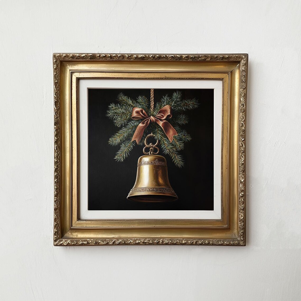 Vintage Brass Christmas Bell Pine Sprig Brown Bow Dark Holiday Poster - Image 2