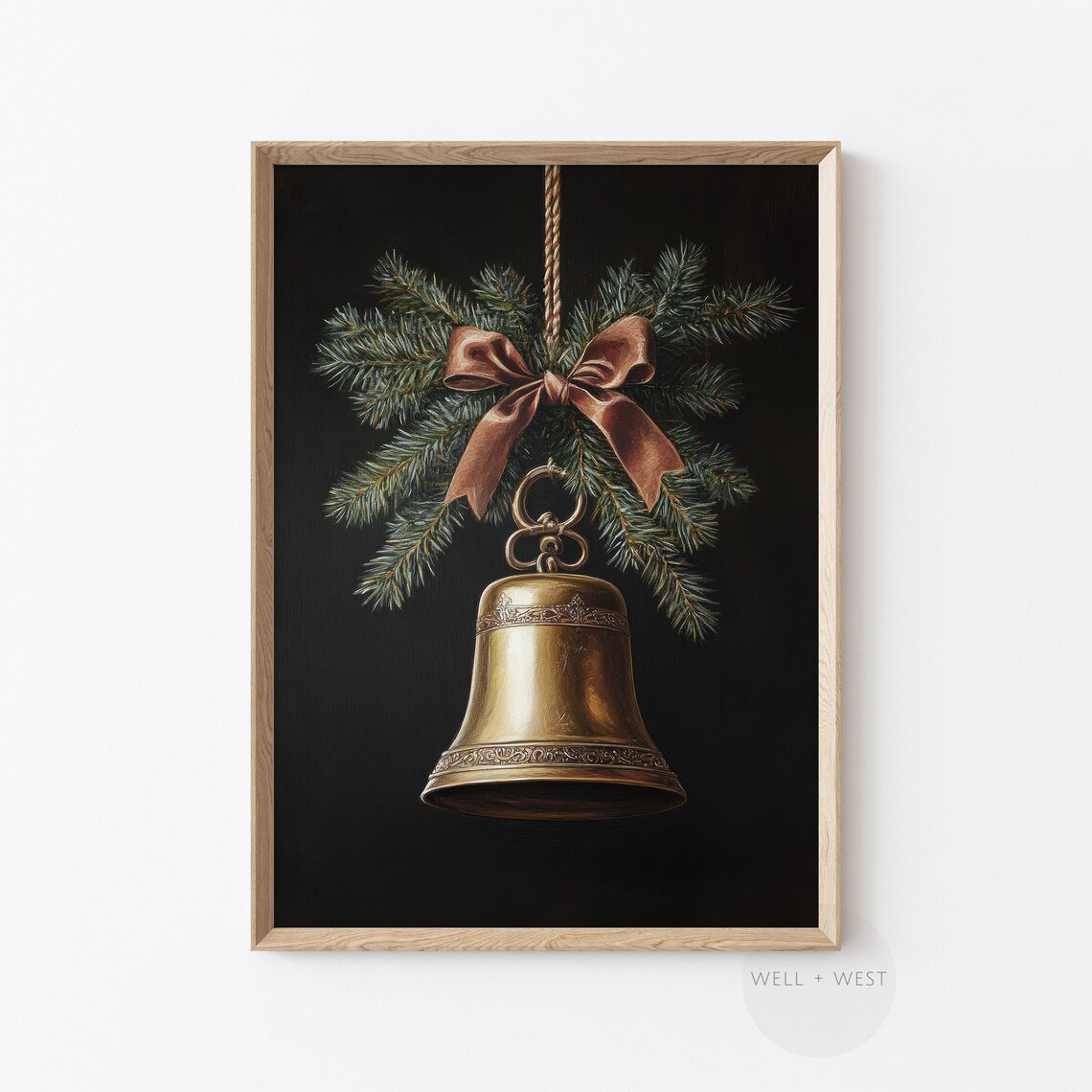 Vintage Brass Christmas Bell Pine Sprig Brown Bow Dark Holiday Poster - Image 3
