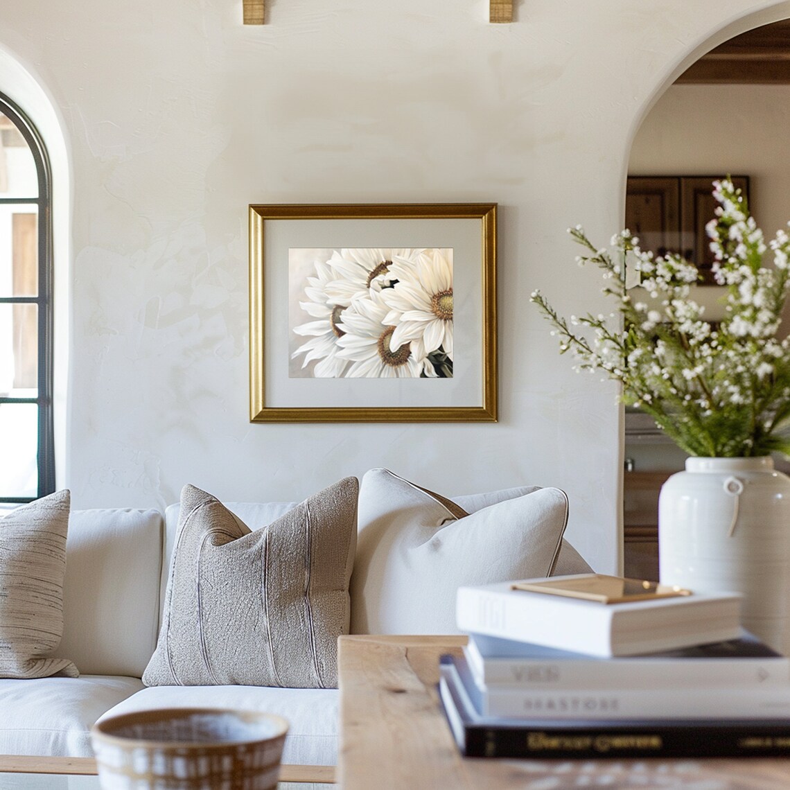 White Sunflowers Close Up Neutral Floral Vintage Oil Wall Art Print - Image 2